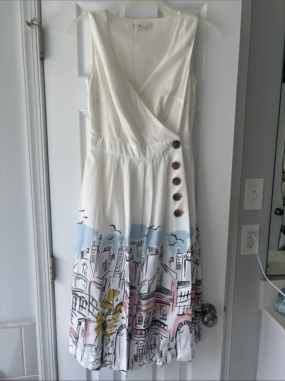 Boden Cream Midi Dress with Cityscape Hem